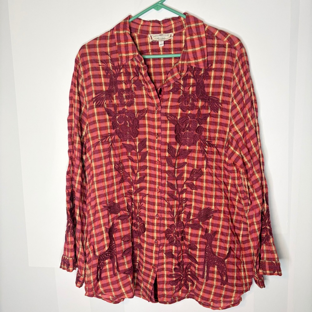 Johnny Was Workshop Shirt Large Boho Plaid Embroidered Floral Bird Deer Metallic